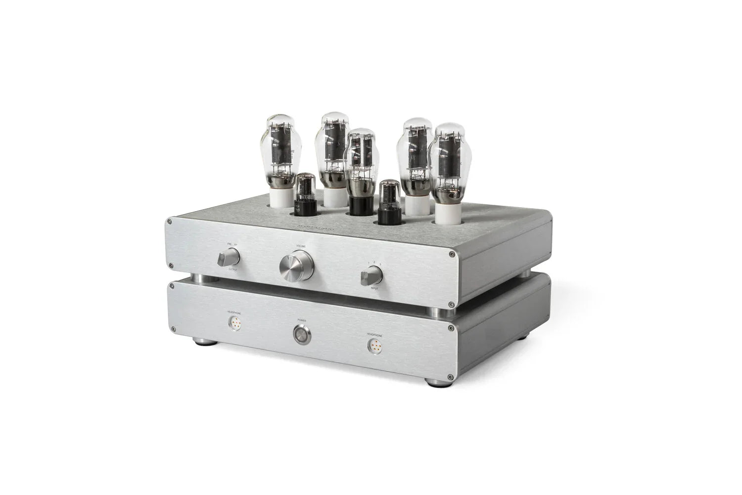 High-end black tube amplifier with visible vacuum tubes, for premium audio systems from The Source AV