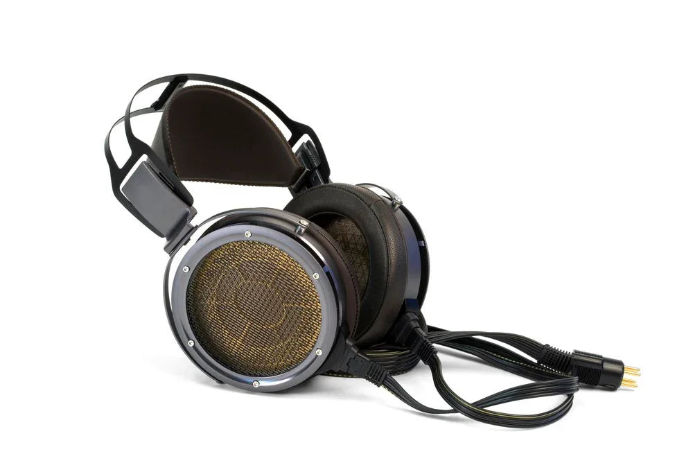 High-end over-ear open-back audiophile headphones with cable on white background from The Source AV