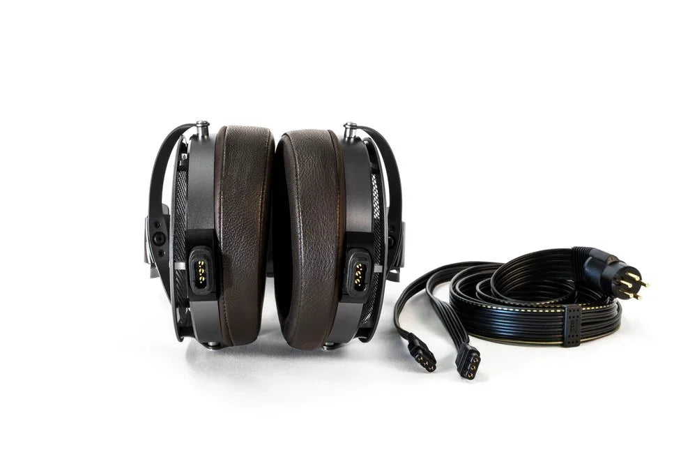 High-end over-ear open-back audiophile headphones with cable on white background from The Source AV