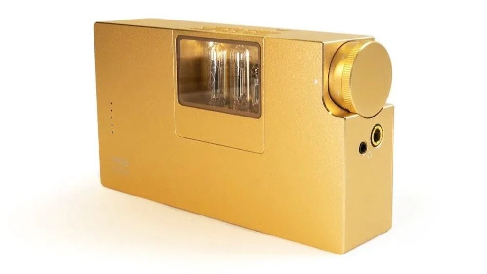 High-end black portable headphone tube amplifier with visible vacuum tubes, sold by The Source AV.