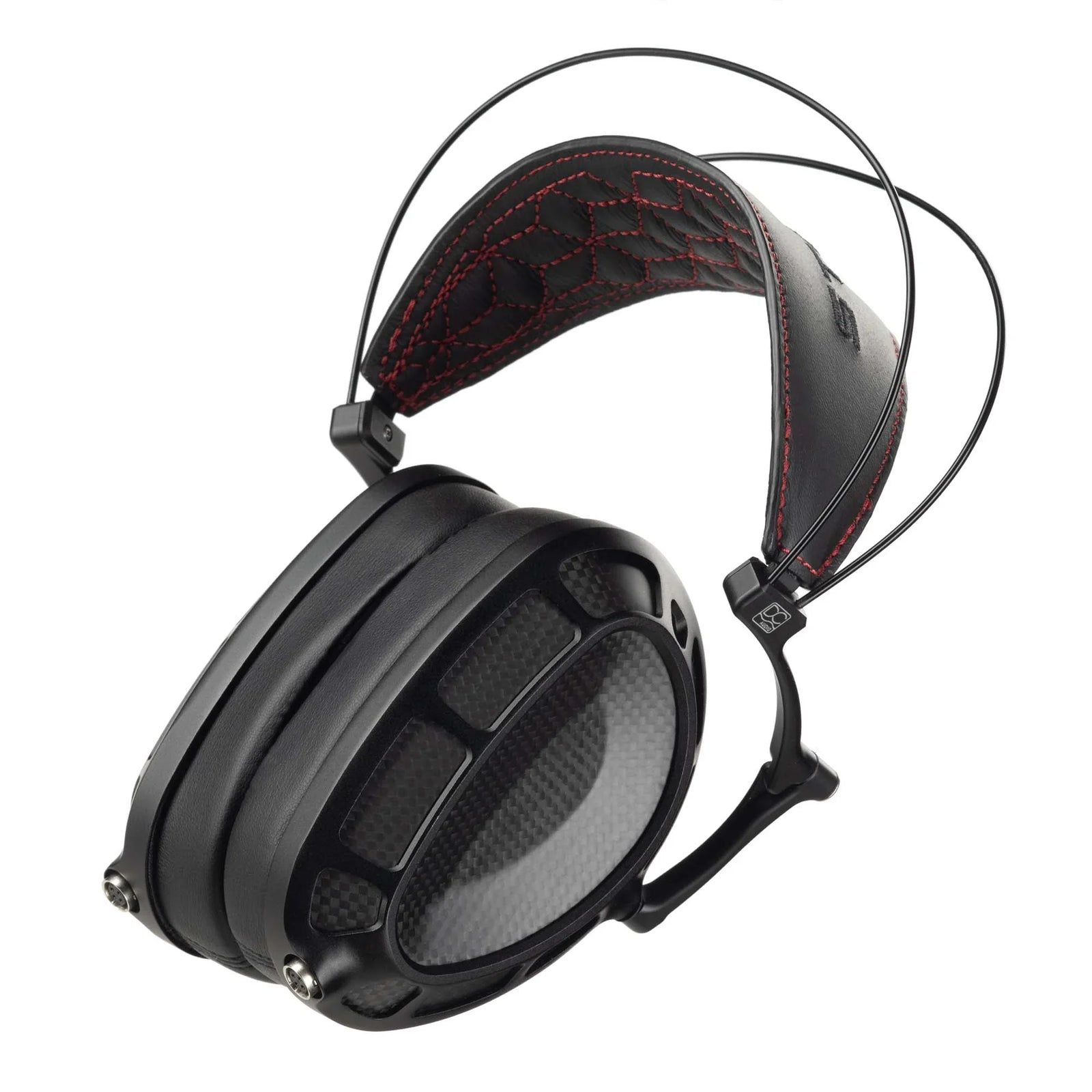 Dan Clark Audio Stealth headphones with black carbon fiber ear cups and red-stitched headband