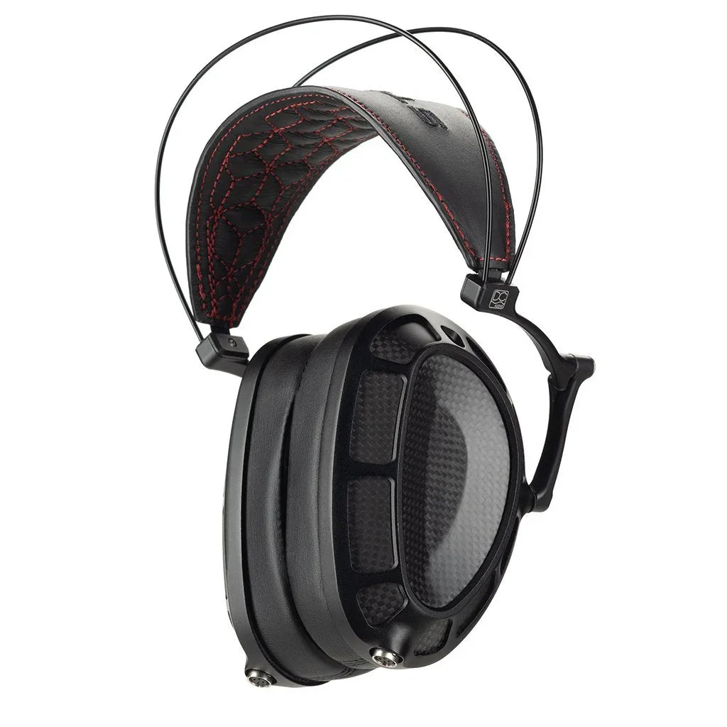 Dan Clark Audio Stealth headphones with black carbon fiber ear cups and red-stitched headband