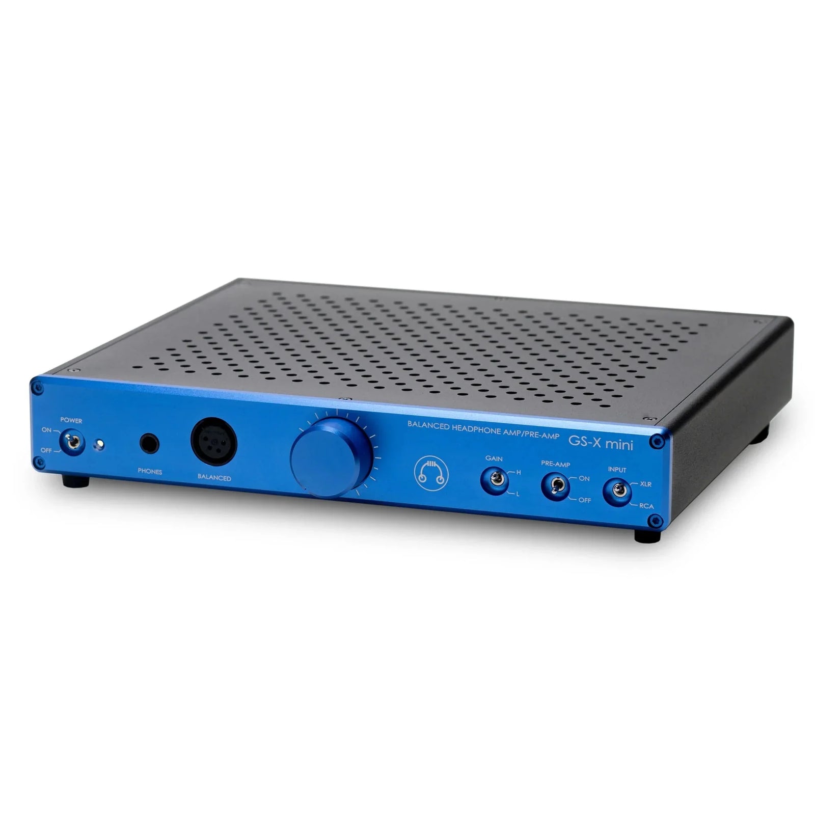 GS-X mini blue balanced headphone amp and preamp on white background, audio equipment at The Source AV