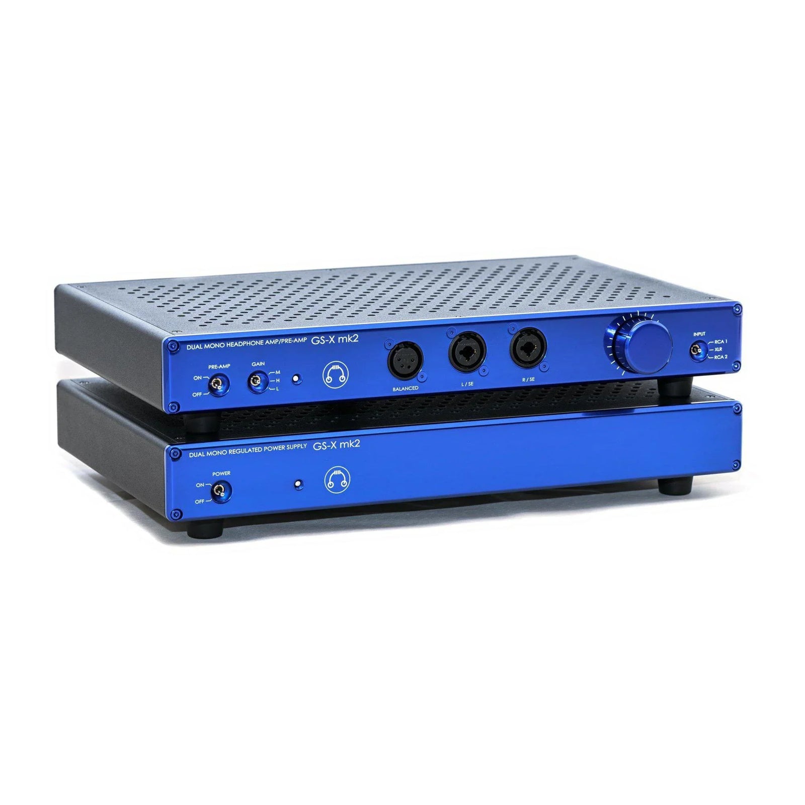 HeadAmp GS-X mk2 polished blue headphone amplifier and power supply, high-end audio equipment