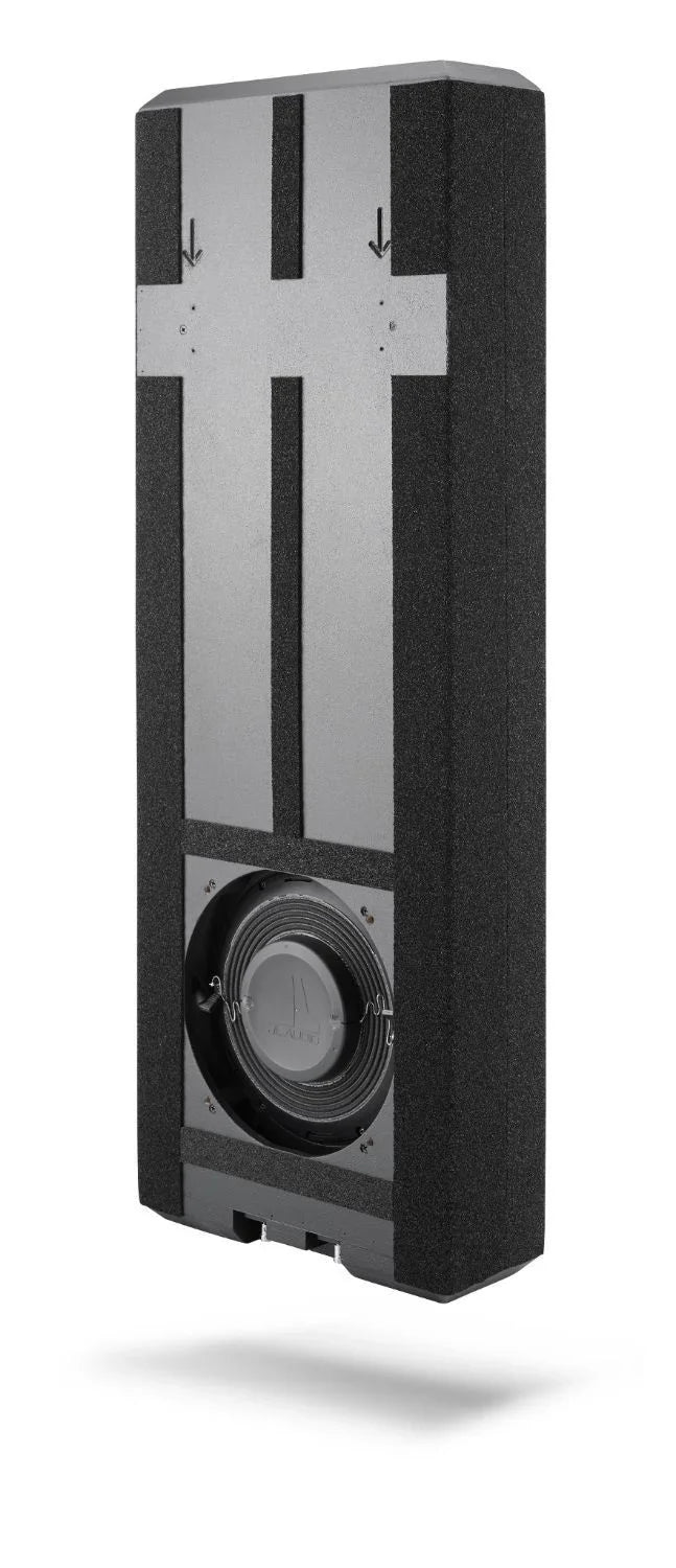 JL Audio in-wall subwoofer speaker with black and silver finish, sold by The Source AV.