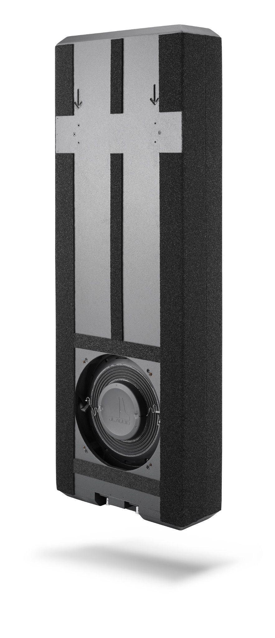 Pair of black JL Audio in-wall subwoofers for home theater, high-end audio equipment.