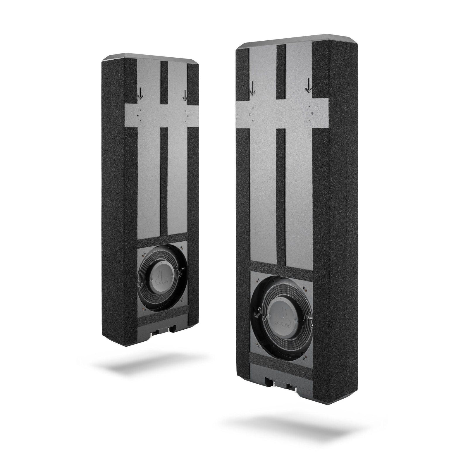 Pair of black JL Audio in-wall subwoofers for home theater, high-end audio equipment.