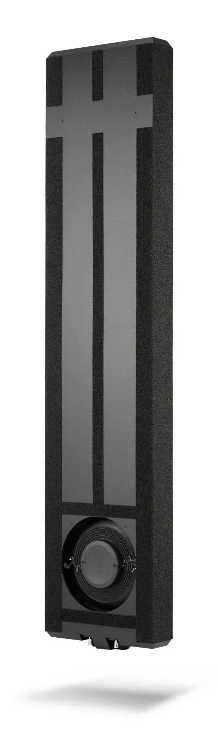 Tall black in-wall subwoofer speaker, modern home audio equipment from The Source AV.