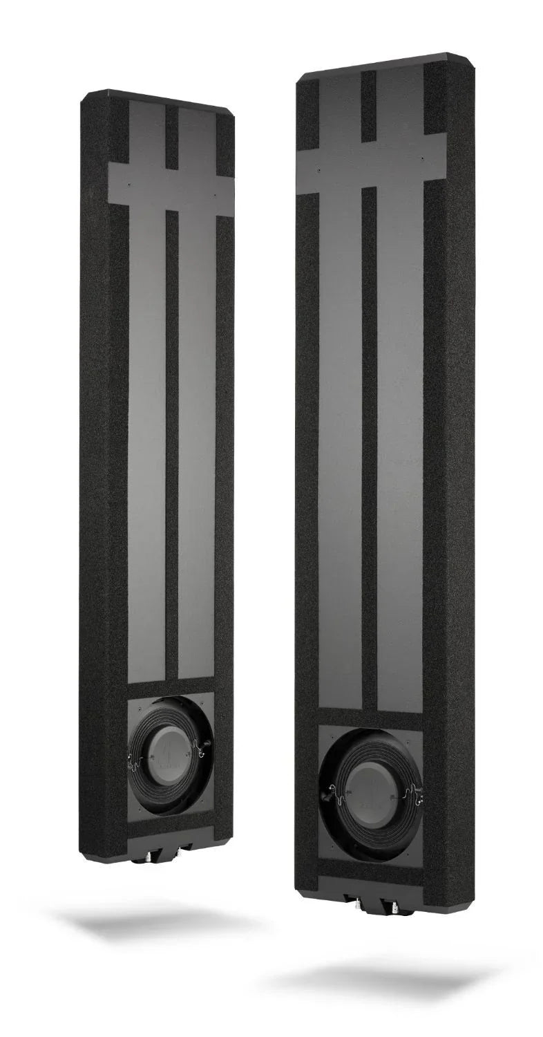 Pair of high-end black in-wall audio speakers for home theater from The Source AV