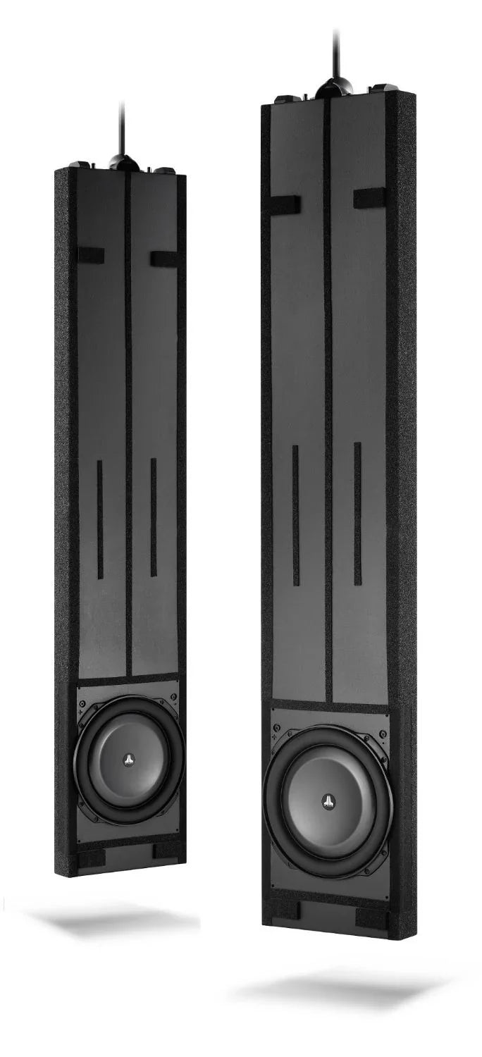 Pair of high-end in-wall subwoofers with black grilles from The Source AV audio equipment