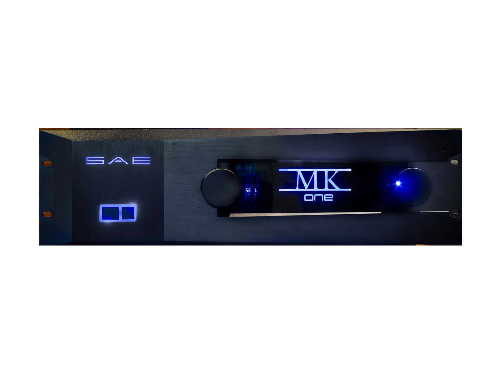 SAE MK One audio amplifier with illuminated blue controls at The Source AV