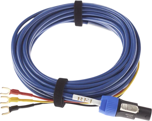 Blue REL audio cable with spade connectors and Neutrik plug for home theater setup