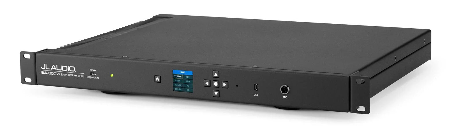 JL Audio SA-600W subwoofer amplifier, black rack-mount design, front controls, for home audio.