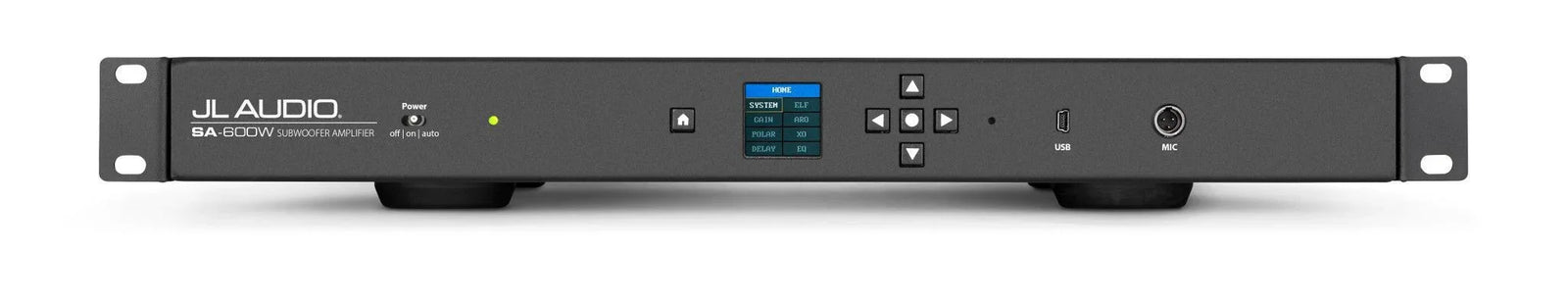 JL Audio SA-600W subwoofer amplifier, black rack-mount design, front controls, for home audio.