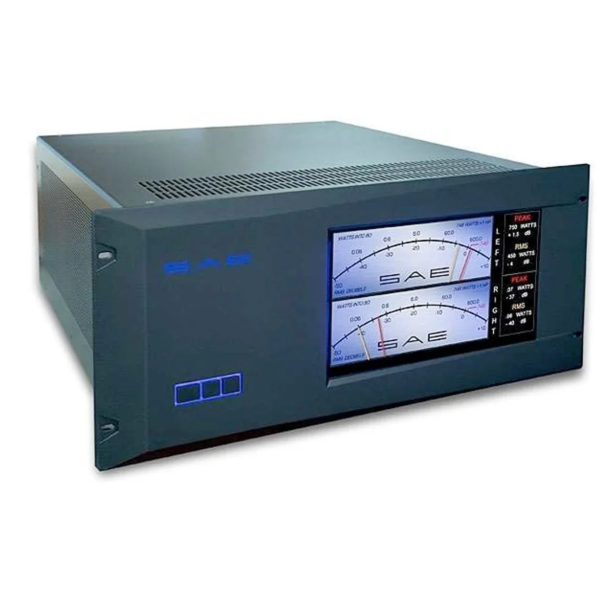 SAE audio power amplifier with analog meters, high-end home audio equipment