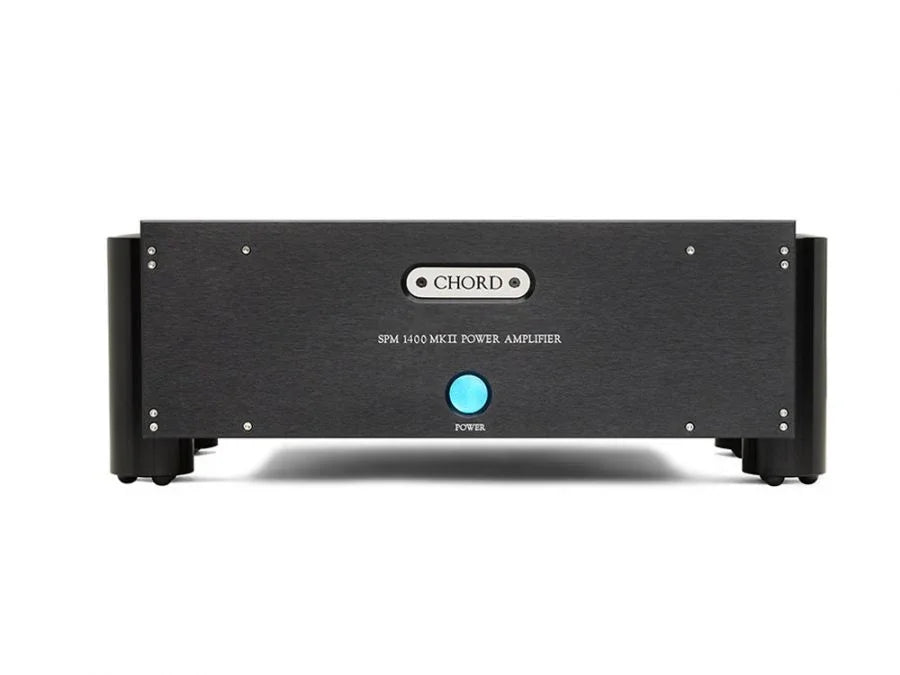 Chord SPM 1400 MkII power amplifier front view, black finish, blue power button, high-end audio equipment