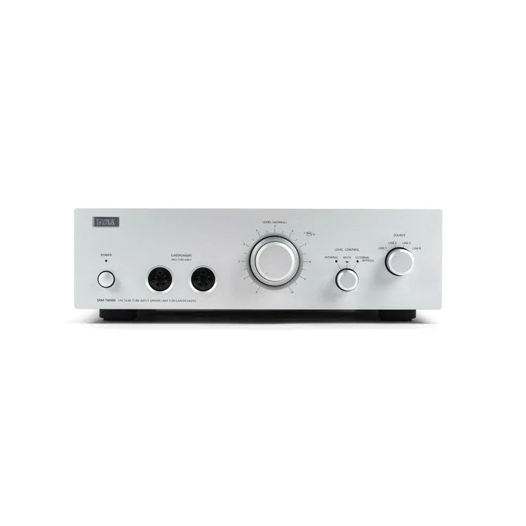 Silver STAX audio amplifier with control knobs, front panel jacks at The Source AV
