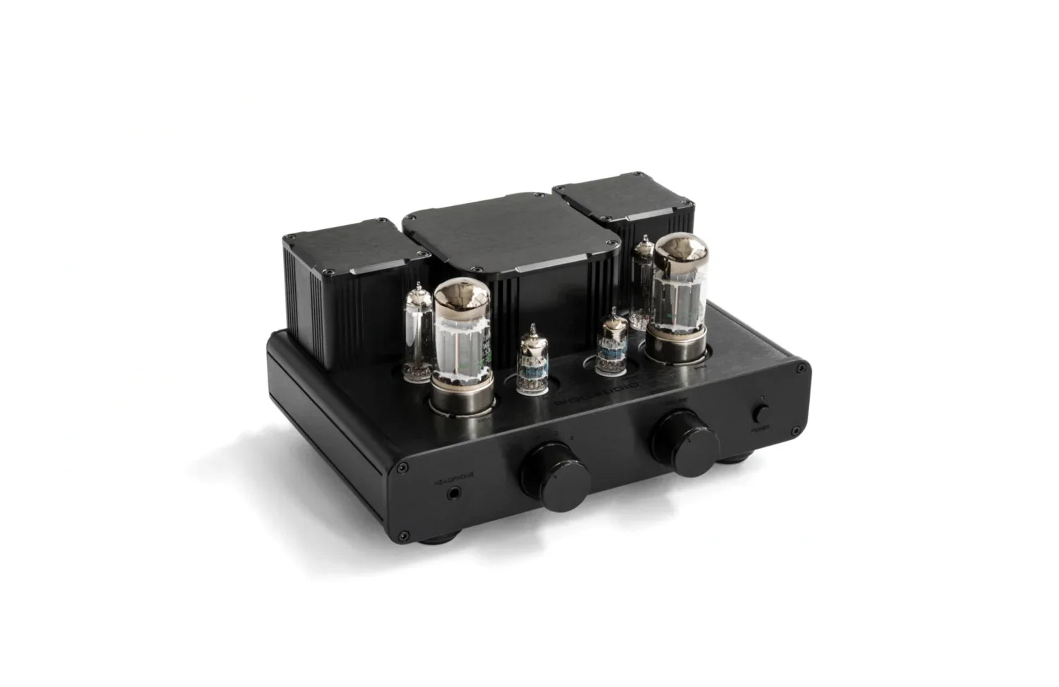 High-end black tube amplifier on white background, premium audio equipment from The Source AV
