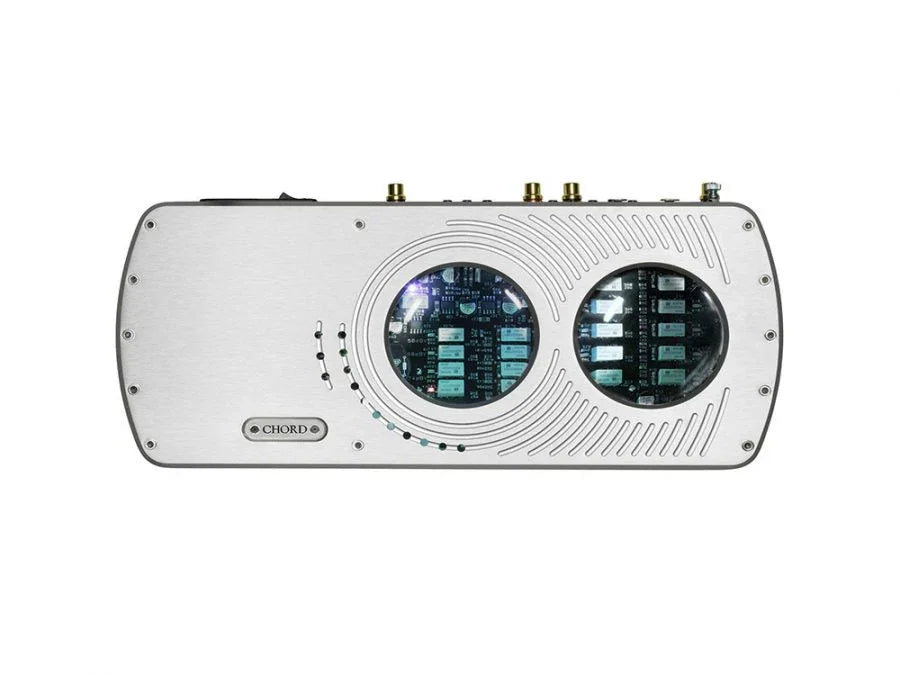 Chord Symphonic high-end audio DAC with silver finish and dual circular glass windows