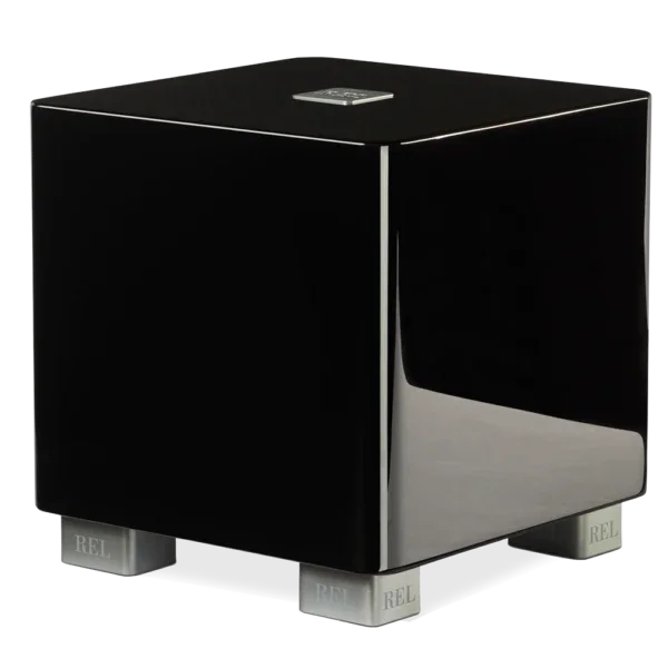 REL black cube subwoofer with chrome feet, high-performance audio equipment at The Source AV