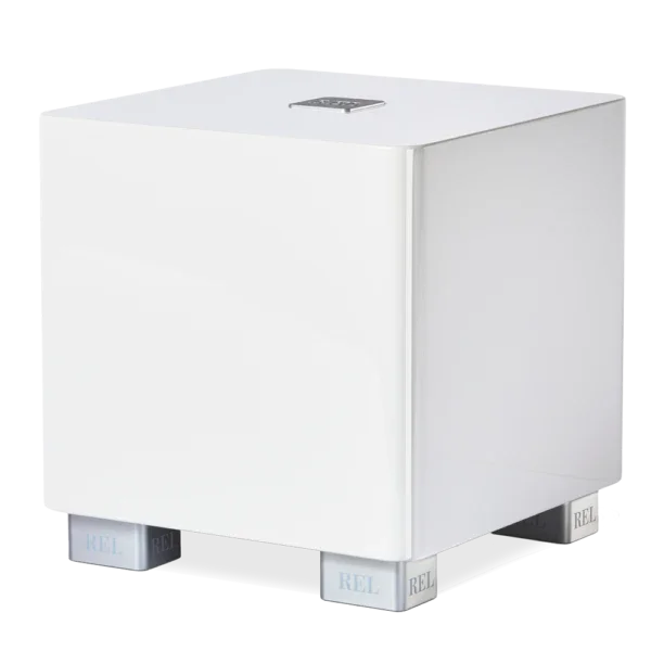 REL black cube subwoofer with chrome feet, high-performance audio equipment at The Source AV