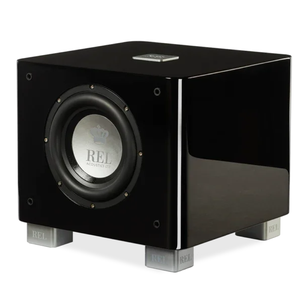 REL Acoustics black subwoofer with silver accents, high-end audio equipment at The Source AV