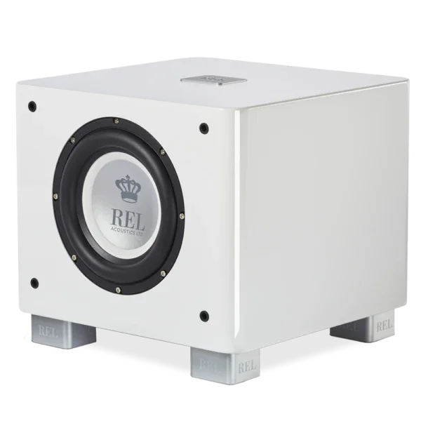 REL Acoustics black subwoofer with silver accents, high-end audio equipment at The Source AV