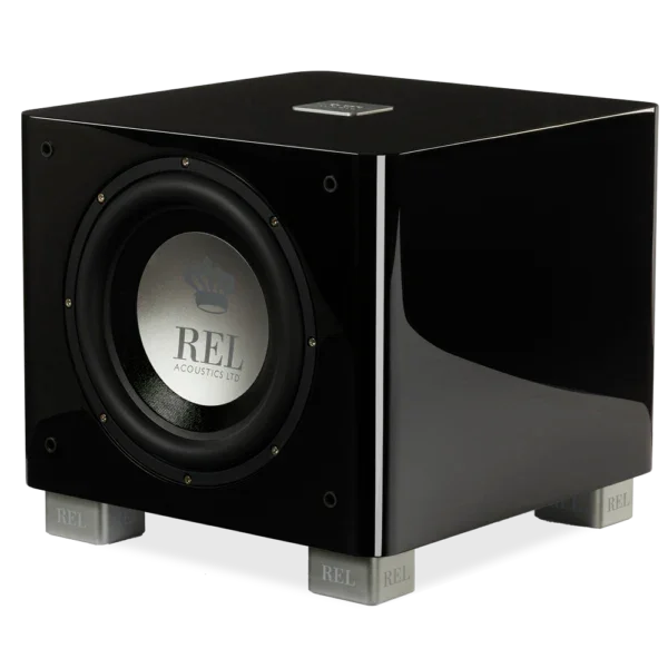 REL black subwoofer for high-quality home audio and theater, available at The Source AV
