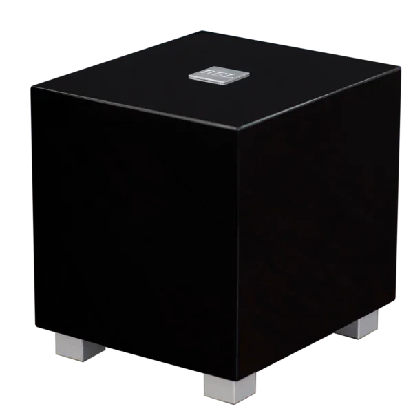 Black REL subwoofer with silver feet, high-end audio equipment at The Source AV