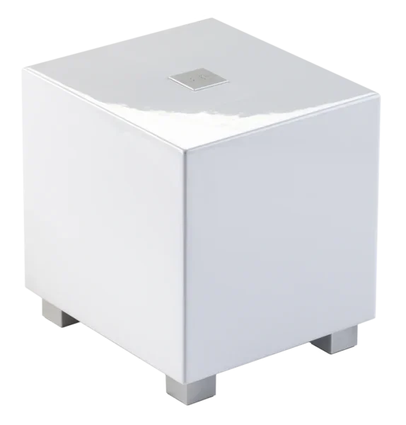 Black REL subwoofer with silver feet, high-end audio equipment at The Source AV