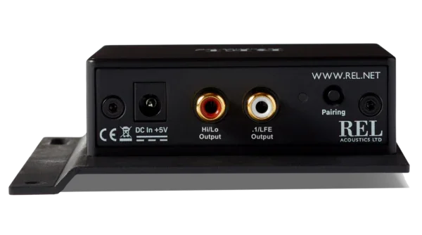 REL Acoustics AirBass wireless audio receiver front view, black metal grille design, The Source AV