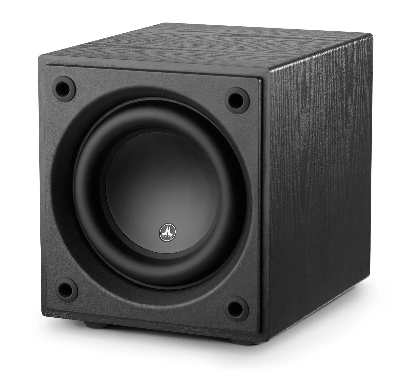 Black JL Audio subwoofer on white background, home theater speaker at The Source AV