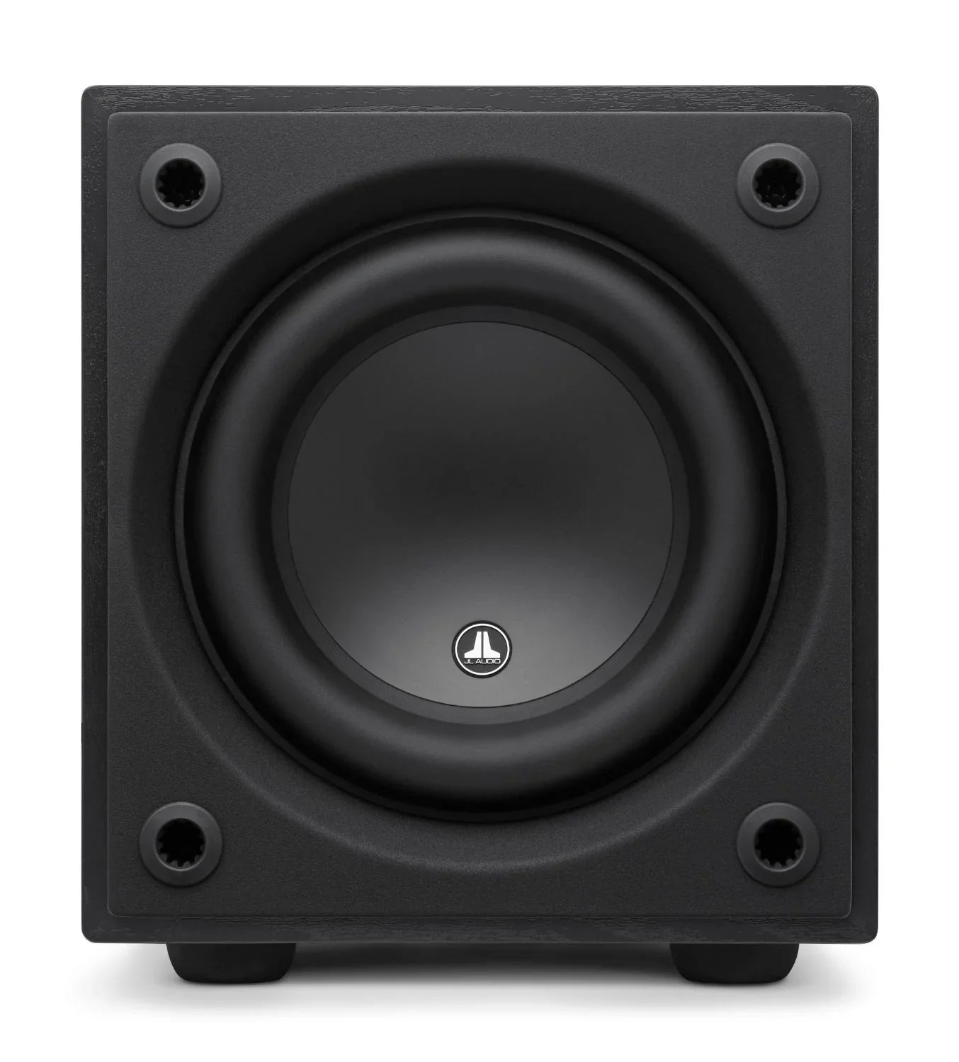 Black JL Audio subwoofer on white background, home theater speaker at The Source AV