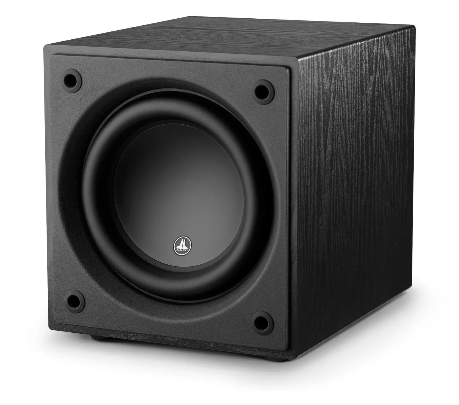 JL Audio black subwoofer speaker with wood finish, high quality home audio equipment