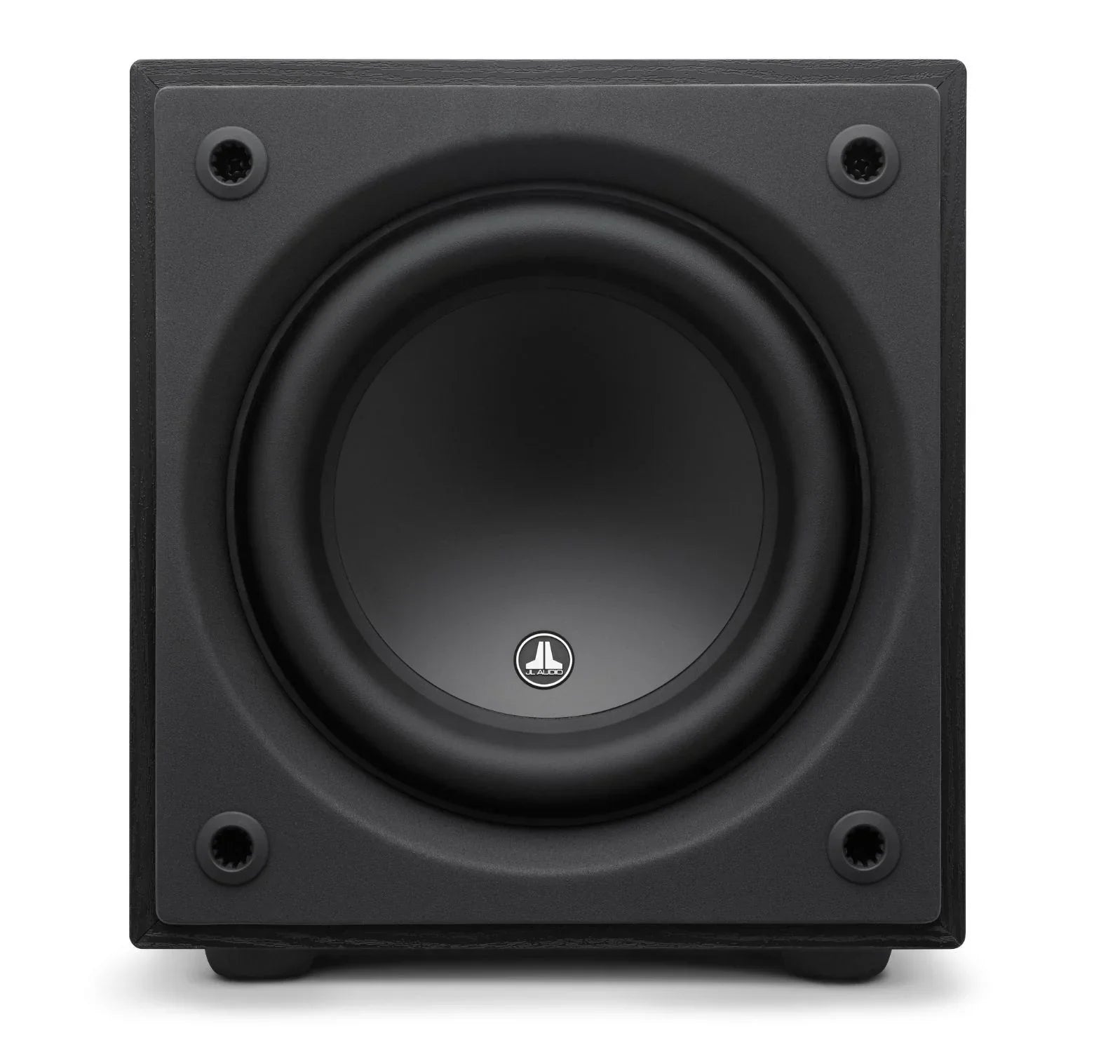 JL Audio black subwoofer speaker with wood finish, high quality home audio equipment