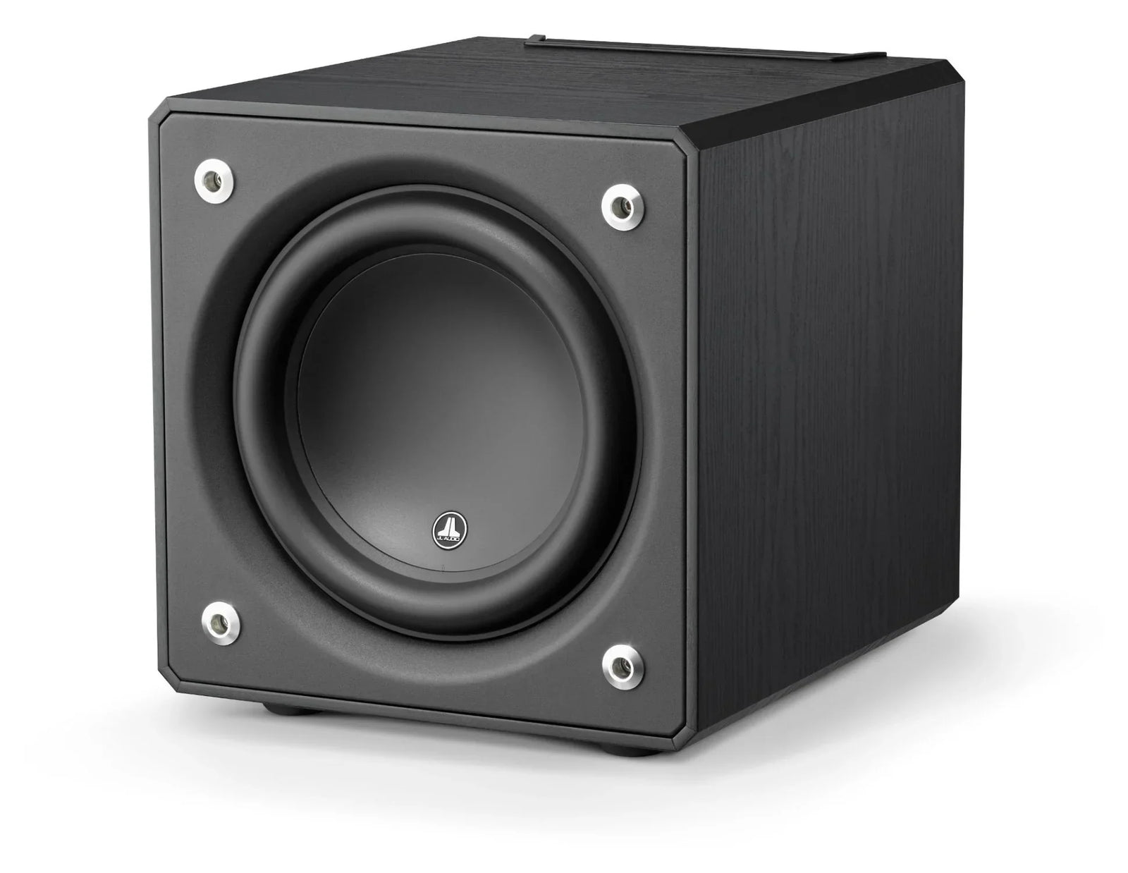 Black powered subwoofer speaker with sleek wood finish for high quality audio, The Source AV