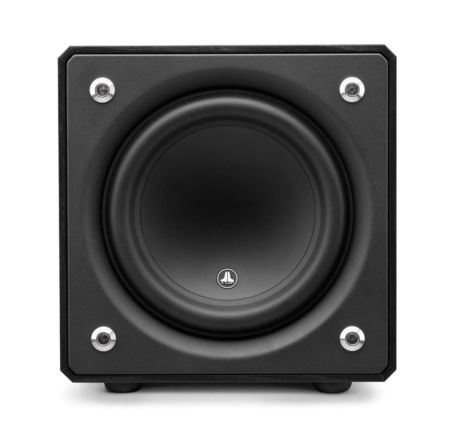 Black powered subwoofer speaker with sleek wood finish for high quality audio, The Source AV