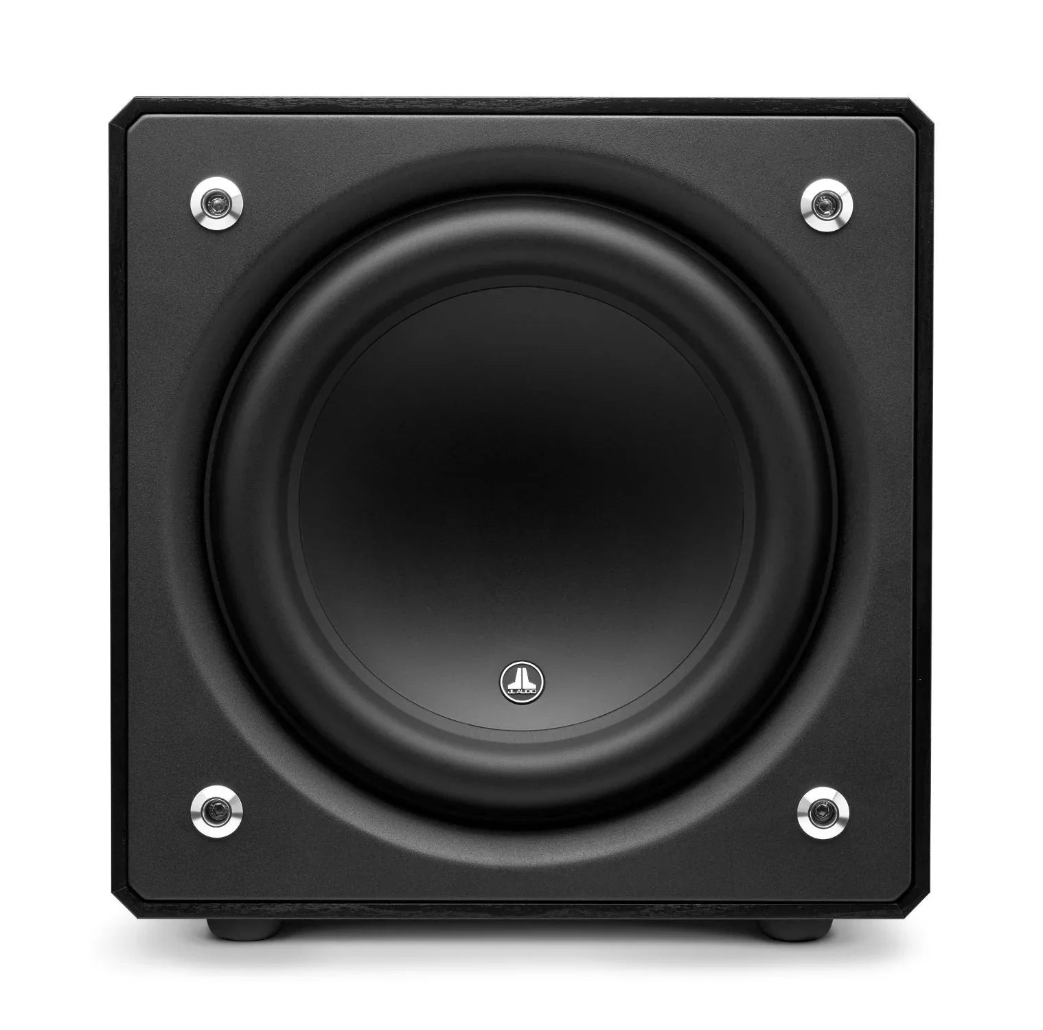 JL Audio black powered subwoofer with matte finish, featured at The Source AV