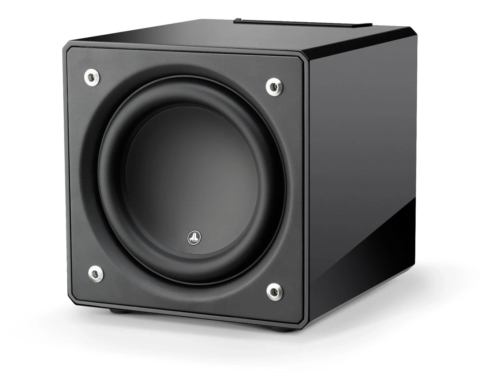 Gloss black powered subwoofer with front-facing driver, high-end audio equipment at The Source AV