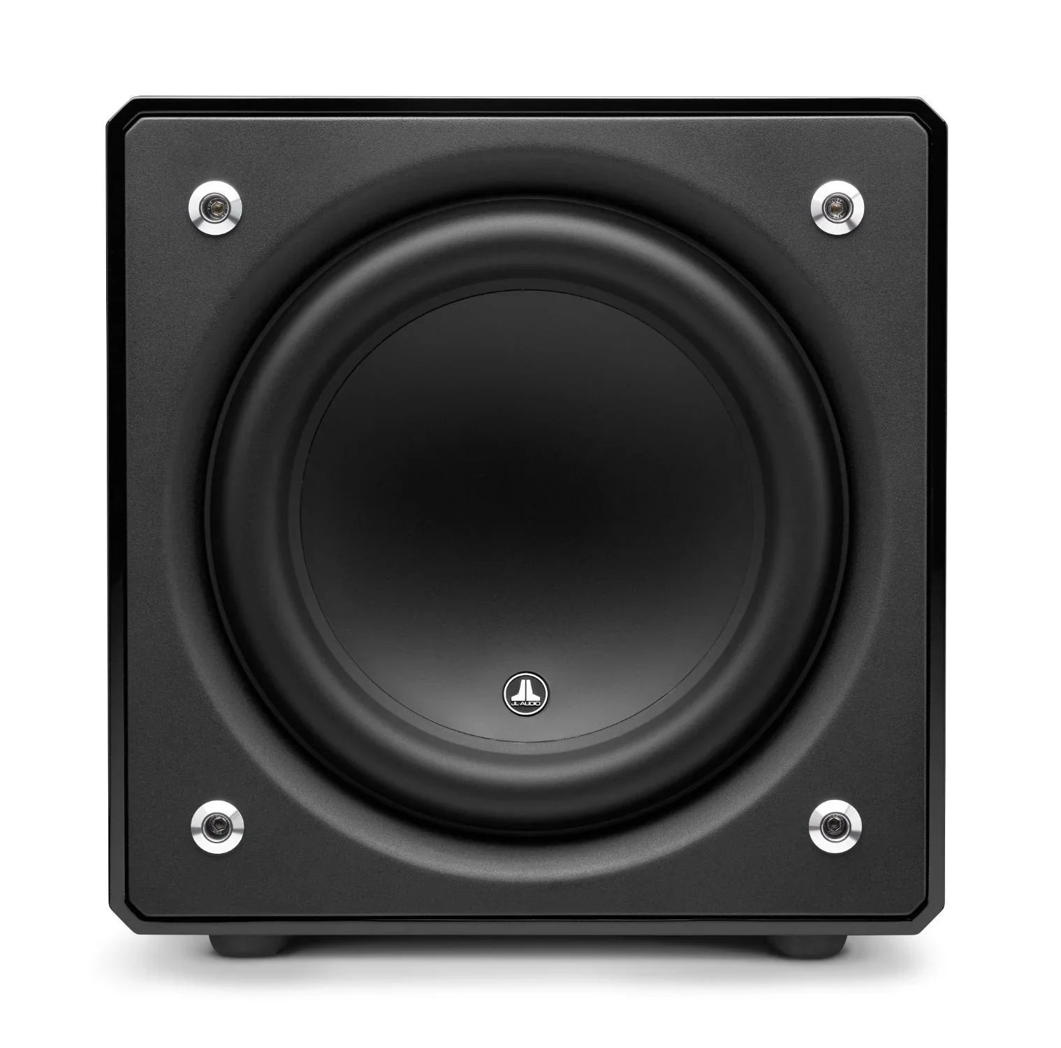 Gloss black powered subwoofer with front-facing driver, high-end audio equipment at The Source AV