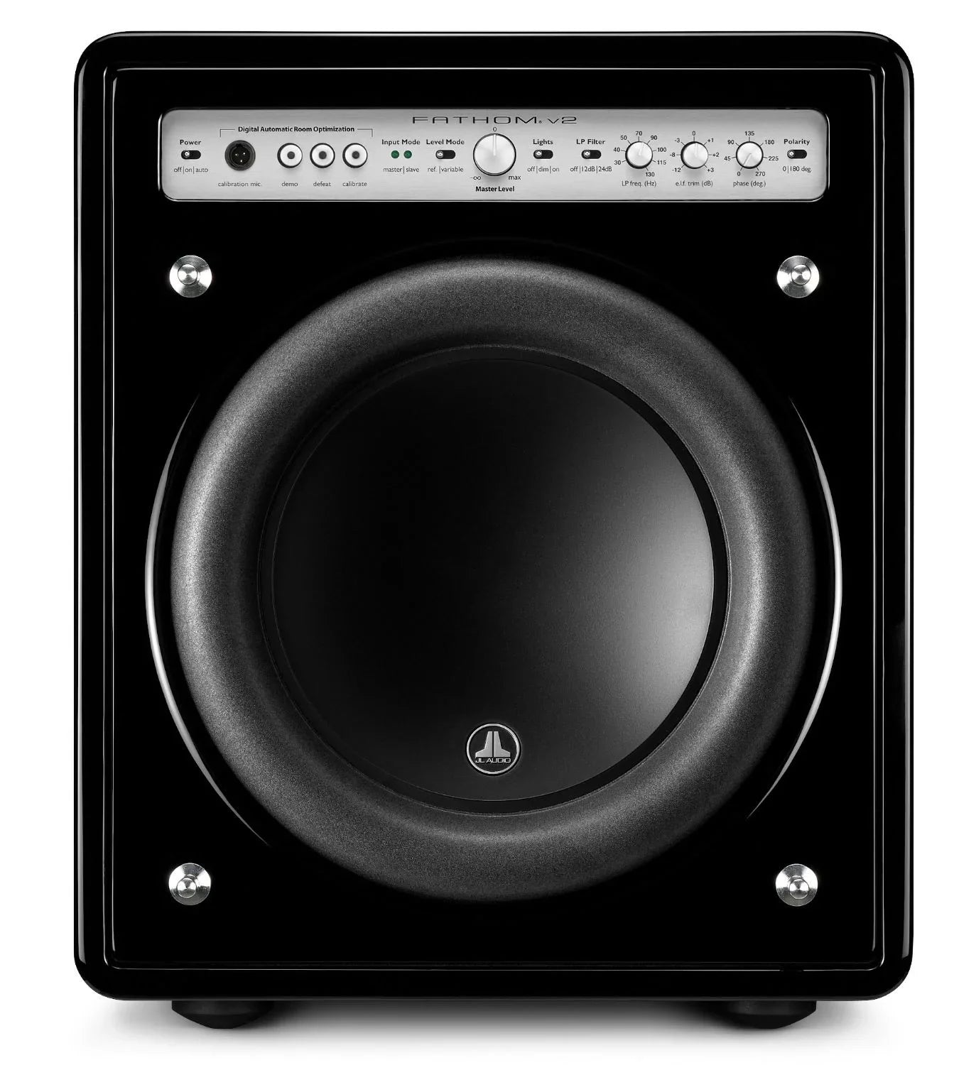 JL Audio Fathom v2 high-end powered subwoofer with control panel, black finish, The Source AV