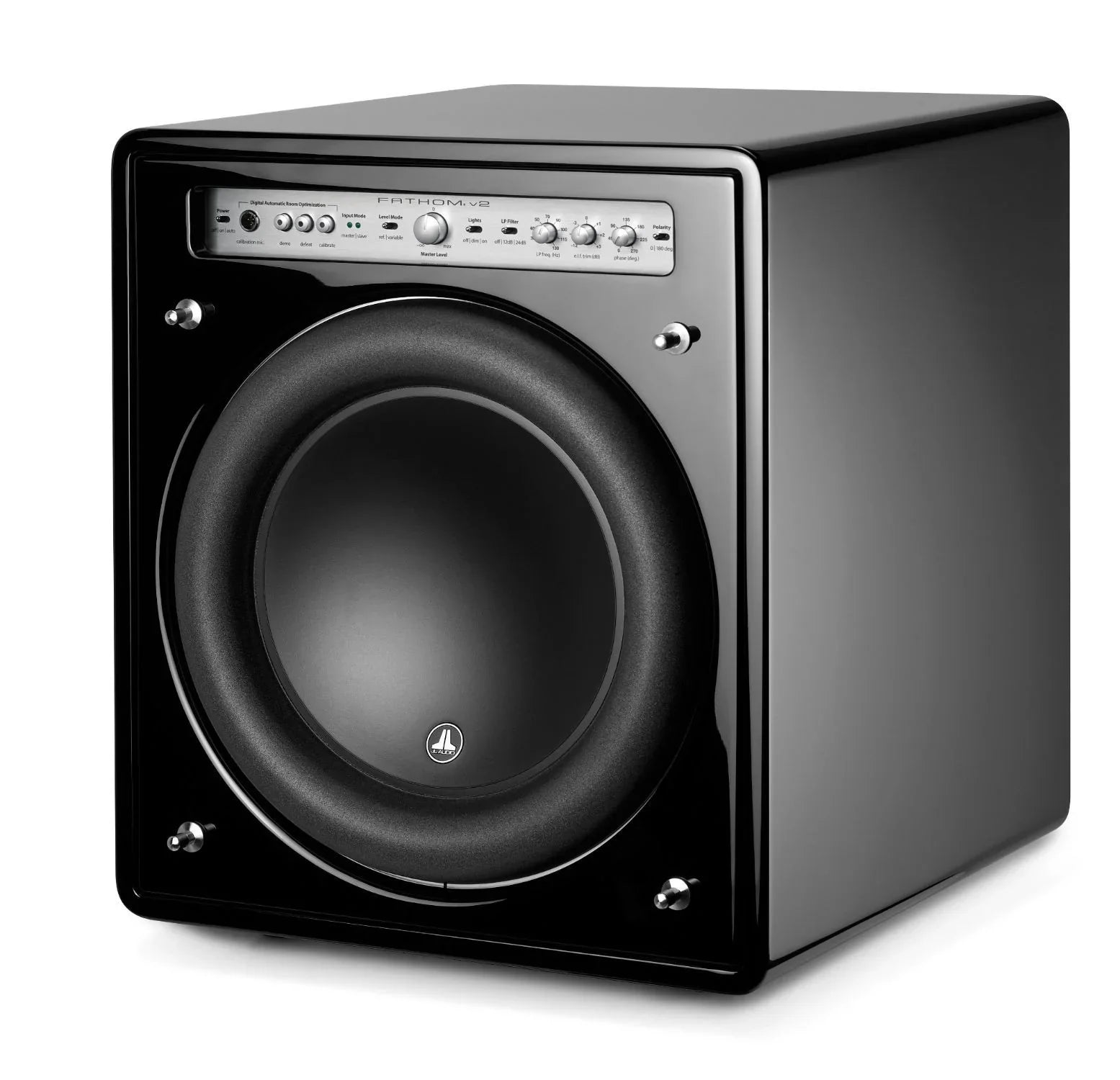 JL Audio black powered subwoofer with front controls, available at The Source AV