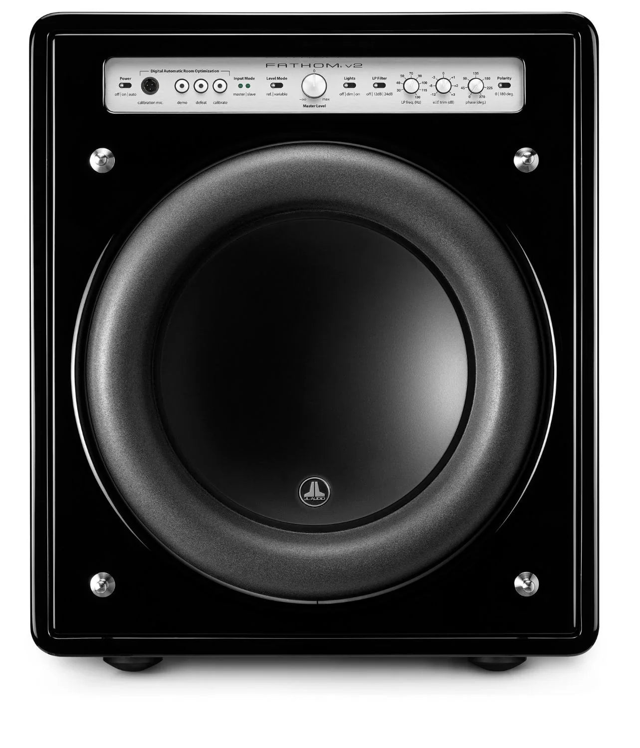 JL Audio black powered subwoofer with front controls, available at The Source AV