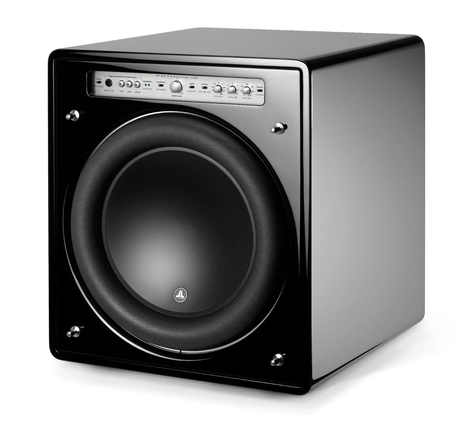 Glossy black JL Audio Fathom subwoofer with control panel, sold by The Source AV.