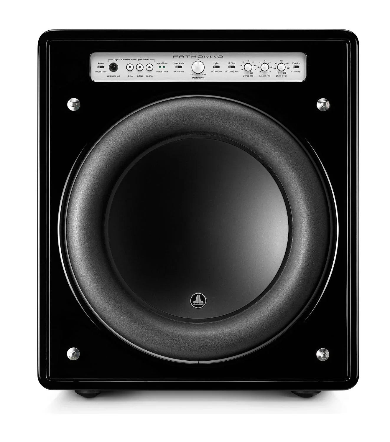 Glossy black JL Audio Fathom subwoofer with control panel, sold by The Source AV.