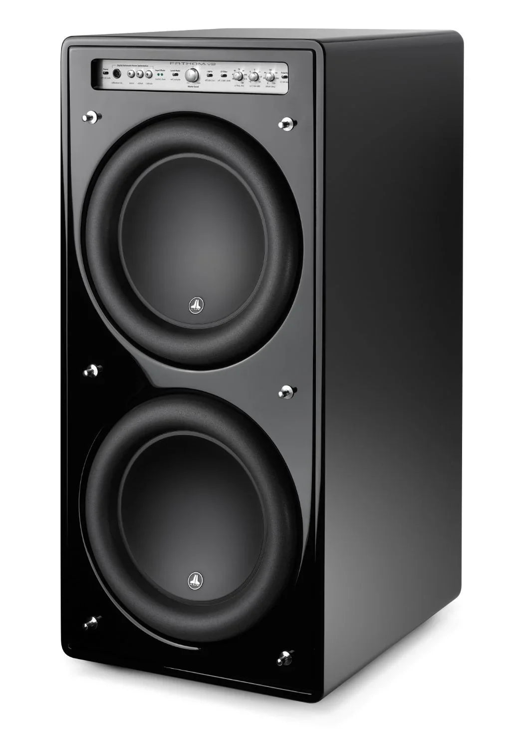 Glossy black dual subwoofer speaker, premium audio equipment at The Source AV