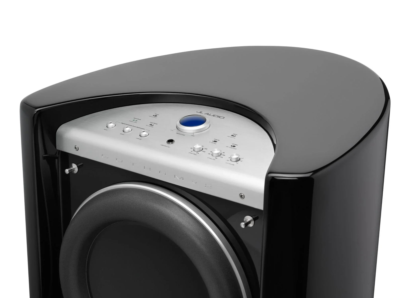 High-end black JL Audio dual subwoofer, glossy finish, available at The Source AV