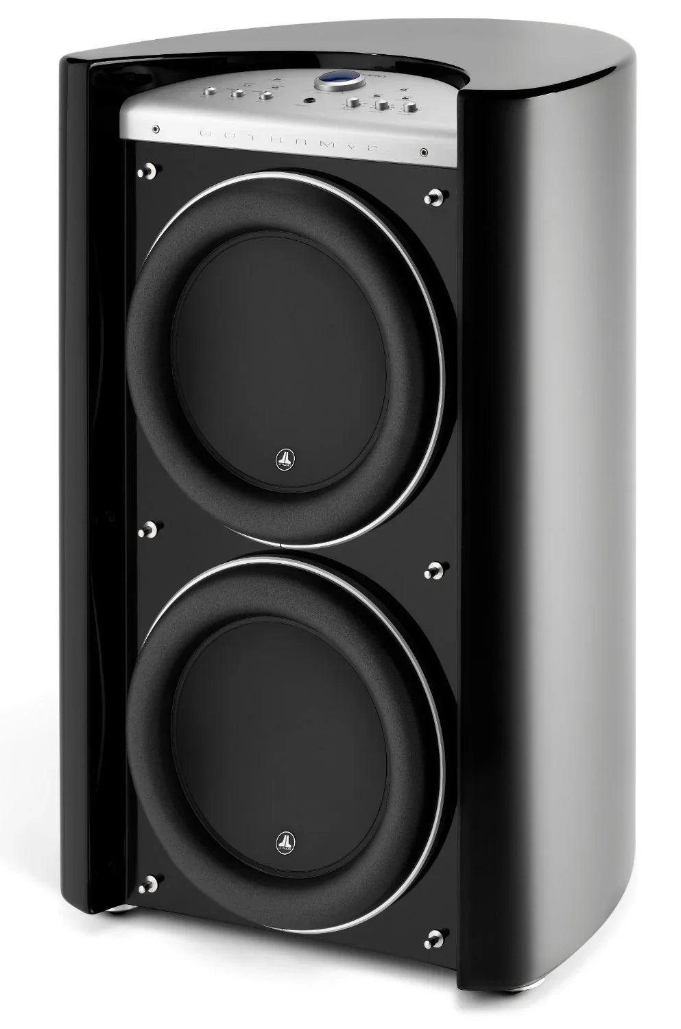 High-end black JL Audio dual subwoofer, glossy finish, available at The Source AV