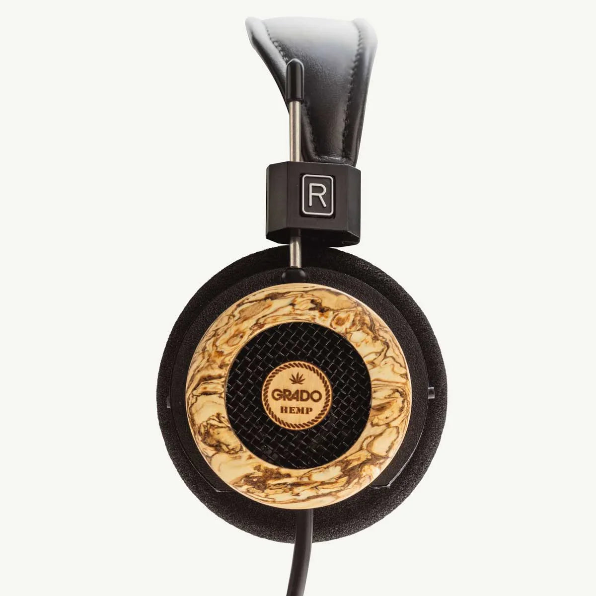 Grado Hemp Series over-ear headphone with wood ear cup and black leather headband, side view.