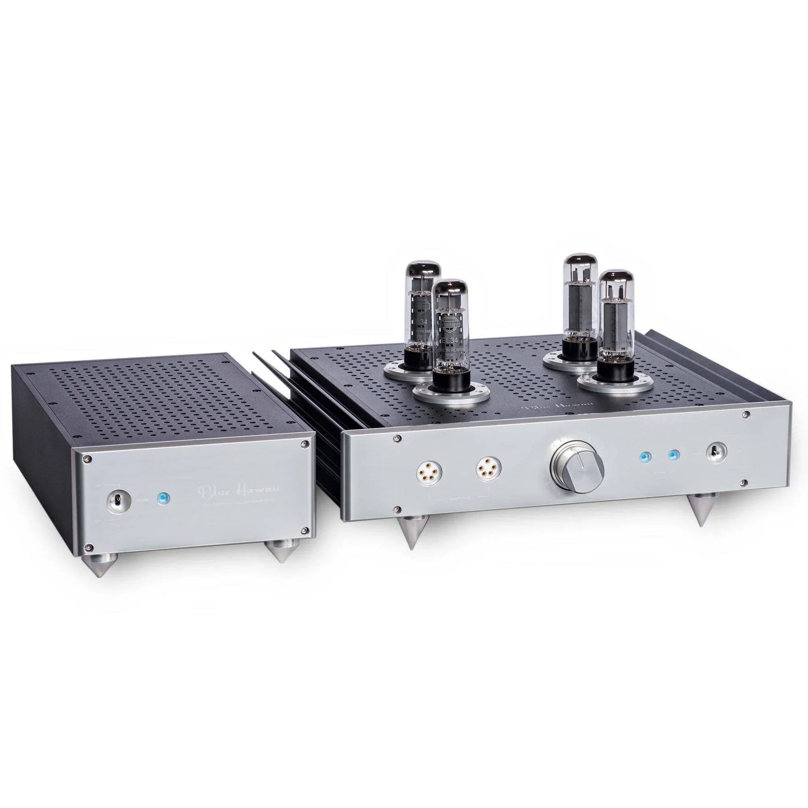 High-end headphones with Blue Hawaii tube headphone amplifier on white background, The Source AV audio equipment.